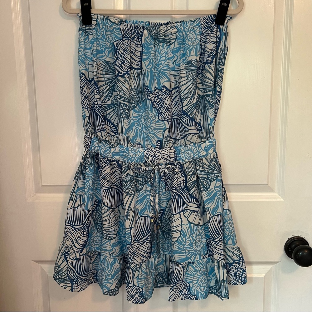 Free Destinations Blue and White Tropical Seashell‎ Strapless Dress Size M